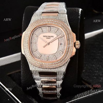 Luxury Replica Patek Philippe Watches Nautilus Full Diamond Automatic Watches Rose Gold Case